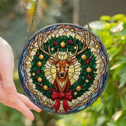 Nature & Holiday Art Lovers' Golden Amber Stained Glass Deer Festive Christmas Wreath Mosaic Stained Glass Suncatcher
