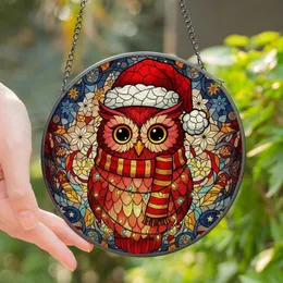 Festive Art Lovers' Tiffany Style Stained Glass Red Owl Santa Hat Glowing Lights Winter Mosaic Stained Glass Suncatcher