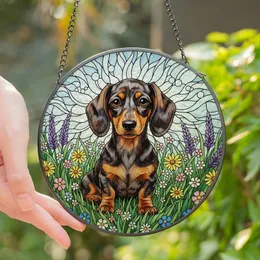 Dachshund Lovers' Dapple Dachshund Puppy Stained Glass Wildflower Field Ethereal Sky Jewel Tones Stained Glass Suncatcher