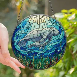 Nature Lovers' Tiffany Stained Glass Manatee Family Intricate Aqua Teal Oceanic Mosaic Stained Glass Suncatcher