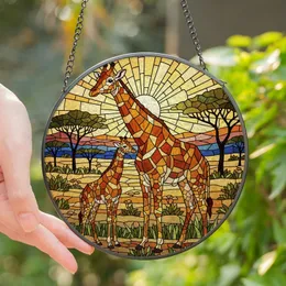 Wildlife Art Enthusiasts' Tiffany Style Stained Glass Giraffe Pair Savanna Landscape Mosaic Amber Golden Yellow Stained Glass Suncatcher