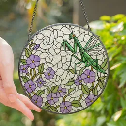 Nature Lovers' Emerald Green Mantis Stained Glass Art, Lavender Floral & Opalescent Mosaic Tiffany Style Stained Glass Suncatcher
