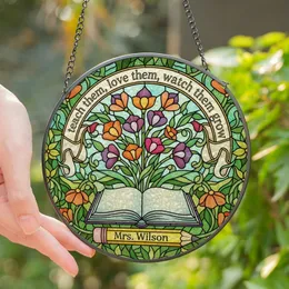 Teachers' Tiffany Style Stained Glass Book, Blooming Flowers, 'Mrs. Wilson' Pencil, Inspirational Quote, Vibrant Jewel Tones Stained Glass Suncatcher