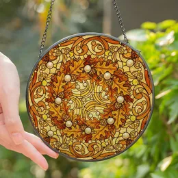 Autumn Enthusiasts' Highly Detailed Edge-to-Edge Tiffany Stained Glass Autumn Wreath, Amber Gold Burnt Orange Pearl Mosaic Stained Glass Suncatcher