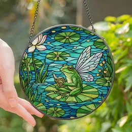 Whimsical Art Fans' Jewel Tone Stained Glass Frog Reading Fairy Wings Lotus Pond Emerald Green Pink Stained Glass Suncatcher