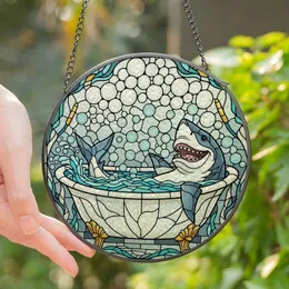 Whimsical Ocean Lovers' Tiffany Stained Glass Shark Bathtub Cerulean Blue Gold Geometric Mosaic Stained Glass Suncatcher
