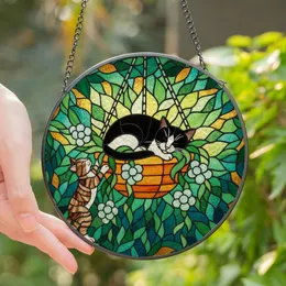 Cat Lovers' Tiffany Style Stained Glass Art, Sleeping Tuxedo & Climbing Tabby, Botanical Mosaic Stained Glass Suncatcher