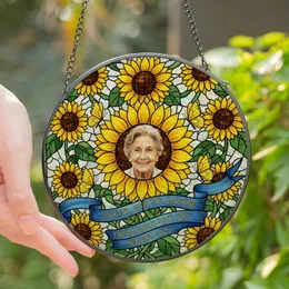 Art Lovers' Tiffany Stained Glass Smiling Portrait, Sunflower Mosaic, Butterflies & Blue Ribbon Design Stained Glass Suncatcher