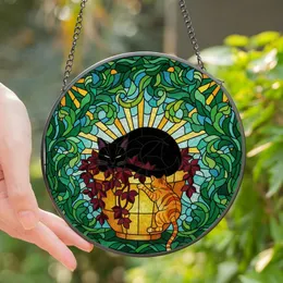 Cat Lovers' Radiant Tiffany Stained Glass Black & Orange Cats Amber Pot Deep Burgundy Leaves Green Sky Mosaic Stained Glass Suncatcher