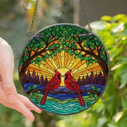 Nature Lovers' Vibrant Tiffany Style Stained Glass Affectionate Red Cardinals Jewel Tone Mosaic Stained Glass Suncatcher