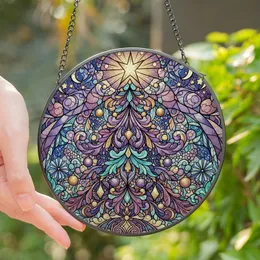 Holiday Art Lovers' Glowing Stained Glass Christmas Tree Botanical Mosaic Lavender Deep Violet Gold Sky Blue Aqua Stained Glass Suncatcher