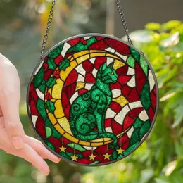 Cat Lovers' Glowing Emerald Green Cat Ruby Red Holly Crescent Moon Stained Glass Mosaic Art Stained Glass Suncatcher