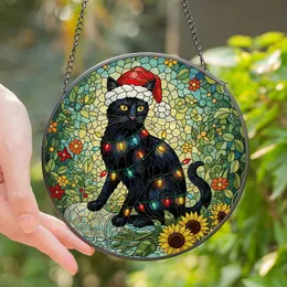 Cat Lovers' Festive Stained Glass Black Cat Santa Hat Christmas Lights & Sunflowers Mosaic Stained Glass Suncatcher