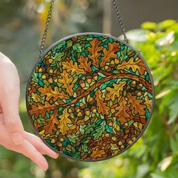 Nature Lovers' Emerald Green Turquoise Golden Yellow Stained Glass Oak Branch Acorn Mosaic Art Stained Glass Suncatcher