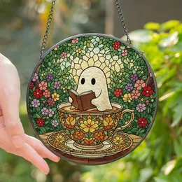 Whimsical Art Lovers' Intricate Tiffany Stained Glass Ghost Reading in Teacup, Floral Botanical Garden Mosaic, Jewel Tones Stained Glass Suncatcher