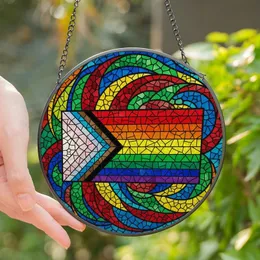 Art Lovers' Tiffany Style Stained Glass Rainbow & Earth Tone Chevron Mosaic Stained Glass Suncatcher