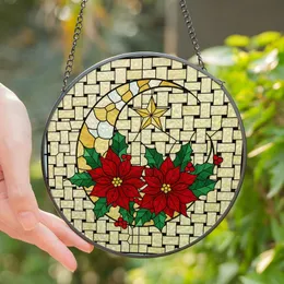 Holiday Decor Lovers' Tiffany Stained Glass Golden Moon Star, Red Poinsettia Holly Jewel Tone Mosaic Stained Glass Suncatcher