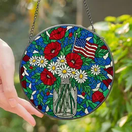 Art Lovers' Vibrant Stained Glass Ruby Poppy Sapphire Forget-Me-Not Mason Jar Bouquet, Patriotic Mosaic Pattern Stained Glass Suncatcher