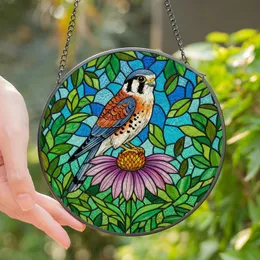Wildlife Admirers' Tiffany Style Jewel Tone Kestrel Coneflower Botanical Mosaic Stained Glass Suncatcher