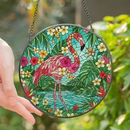 Tropical Art Lovers' Tiffany Style Intricate Flamingo Floral Mosaic Pink Green Yellow Stained Glass Pattern Stained Glass Suncatcher