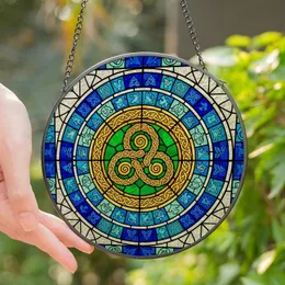 Celtic Art Lovers' Intricate Tiffany Style Stained Glass Triquetra Knot Emerald Gold Jewel Tones Mosaic Pattern Stained Glass Suncatcher