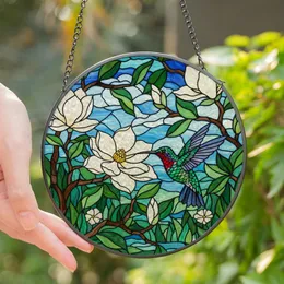 Nature Lovers' Jewel Tone Stained Glass Hummingbird Magnolia Emerald Green Ruby Red Art Stained Glass Suncatcher