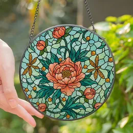 Art & Nature Lovers' Tiffany Stained Glass Coral Peony Teal Leaf Dragonfly Mosaic Stained Glass Suncatcher