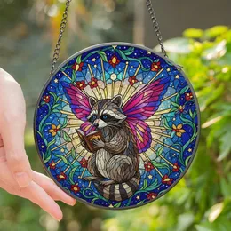 Whimsical Art Lovers' Vibrant Tiffany Stained Glass Raccoon Butterfly Reading Celestial Floral Pattern Stained Glass Suncatcher