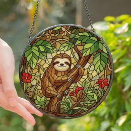 Nature Lovers' Smiling Sloth Stained Glass Amber Green Red Blue Tropical Mosaic Stained Glass Suncatcher