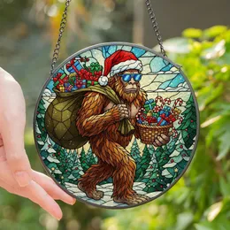 Holiday Lovers' Whimsical Stained Glass Santa Bigfoot Jewel Tone Winter Forest Art Stained Glass Suncatcher