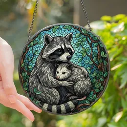 Wildlife Art Enthusiasts' High Contrast Tiffany Stained Glass Raccoon Opossum Embrace Mosaic Stained Glass Suncatcher