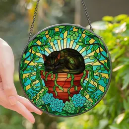 Cat & Garden Lovers' Intricate Stained Glass Black Cat Terracotta Pot Jewel Tone Mosaic Stained Glass Suncatcher
