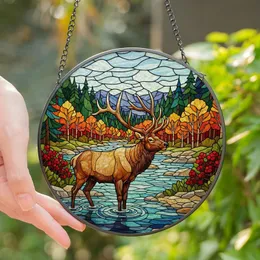 Nature Lovers' Intricate Stained Glass Elk Art River Forest Green Blue Red Tones Stained Glass Suncatcher
