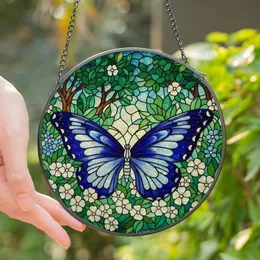 Art Lovers' Tiffany Stained Glass Butterfly Blossom Garden Intricate Blue Emerald Mosaic Stained Glass Suncatcher