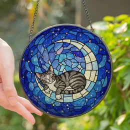 Cat Lovers' Detailed Tiffany Style Stained Glass Gray Tabby Cat Crescent Moon Cosmic Night Sky Jewel Tones Stained Glass Suncatcher
