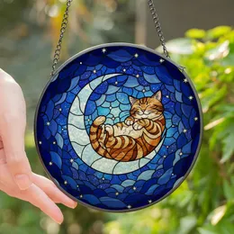 Cat Lovers' Tiffany Stained Glass Sleeping Tabby Cat Moon Blue Grey Jewel Tone Mosaic Stained Glass Suncatcher