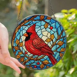 Bird Enthusiasts' Edge-to-Edge Stained Glass Red Cardinal & Berries, Amber Leaves, Blue Sky Mosaic Stained Glass Suncatcher