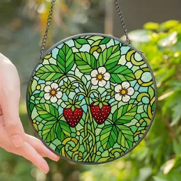 Nature Lovers' Vibrant Red Strawberry Tiffany Stained Glass Emerald Green Floral Mosaic Stained Glass Suncatcher