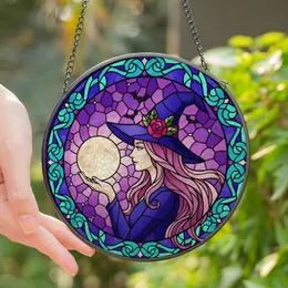 Fantasy Art Enthusiasts' Tiffany Stained Glass Witch Luminous Moon Pink Lavender Teal Geometric Mosaic Edge-to-Edge Stained Glass Suncatcher