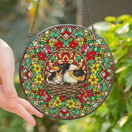 Cat Lovers' Intricate Tiffany Stained Glass Calico Cat Floral Basket Mosaic Jewel Tones Stained Glass Suncatcher