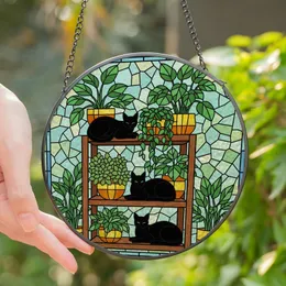 Plant & Cat Lovers' Intricate Stained Glass Black Cats Potted Plants Emerald Green Golden Yellow Geometric Art Stained Glass Suncatcher