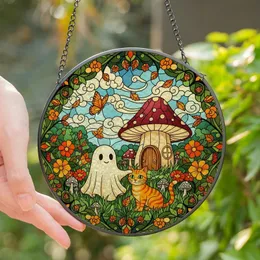 Whimsical Art Lovers' Tiffany Stained Glass Ghost Cat Mushroom Orange Green Landscape Stained Glass Suncatcher