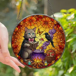 Mystical Cat Lovers' Tiffany Stained Glass Cauldron Kitten Autumn Jewel Tone Magic Art Stained Glass Suncatcher