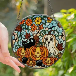 Halloween Lovers' Tiffany Style Stained Glass Whimsical Pumpkins Gourds Mosaic Teal Orange Black Stained Glass Suncatcher
