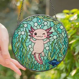 Animal Art Fans' Winking Pink Axolotl Stained Glass Tiffany Jewel Tone Design Stained Glass Suncatcher