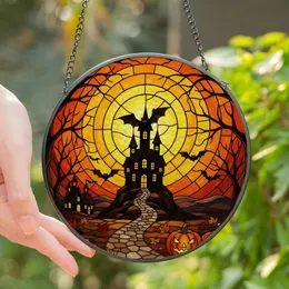 Halloween Fans' Intricate Stained Glass Haunted Castle Full Moon Bat Orange Black Jewel Tones Stained Glass Suncatcher