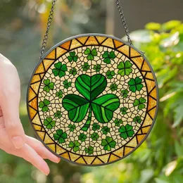 Irish Heritage Lovers' Emerald & Amber Tiffany Style Shamrock Clover Mosaic with Heart Leaves Stained Glass Suncatcher
