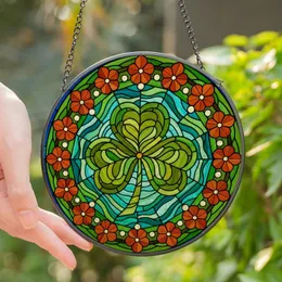 Stained Glass Art Lovers' Vibrant Tiffany Jewel Tone Shamrock Clover Floral Mosaic Stained Glass Suncatcher