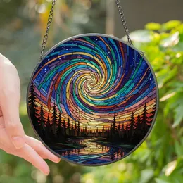 Nature & Art Lovers' Vibrant Tiffany Stained Glass Celestial Aurora Pine Forest River Night Sky Stained Glass Suncatcher