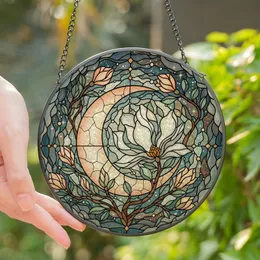 Dreamy Aesthetic Lovers' Tiffany Inspired Stained Glass Crescent Moon Magnolia Peach Teal Stained Glass Suncatcher